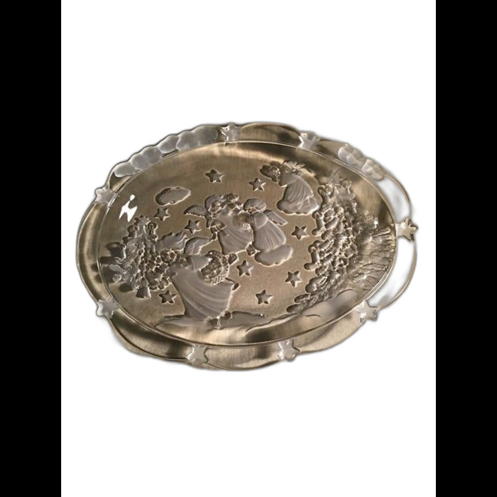 Mikasa Holiday Lights 9" Oval Crystal Sweet Dish - Frosted Angels & Stars